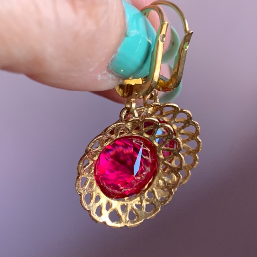 Vintage 14k Gold Huge Synthetic Ruby Dangle Drop … - image 8